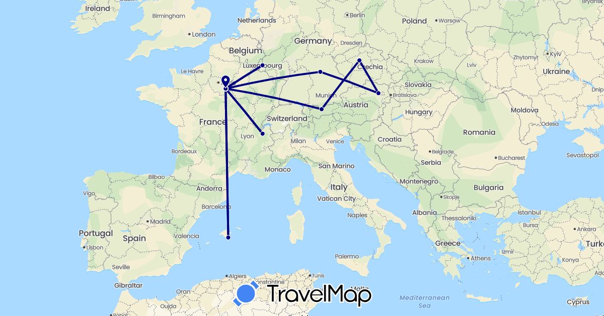 TravelMap itinerary: driving in Austria, Czech Republic, Germany, Spain, France, Luxembourg (Europe)